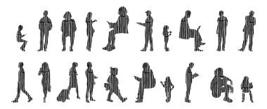 Vektör siluetleri, insanların ana hatları, Contour çizimleri, insanların siluetleri, ikon kümesi izole edilmiş, oturan insanların silueti, mimari set