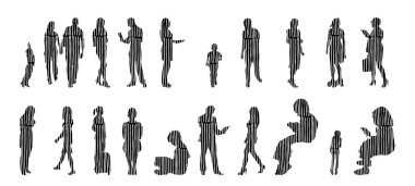 Vektör siluetleri, insanların ana hatları, Contour çizimleri, insanların siluetleri, ikon kümesi izole edilmiş, oturan insanların silueti, mimari set