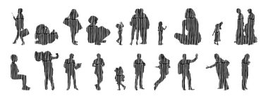 Vektör siluetleri, insanların ana hatları, Contour çizimleri, insanların siluetleri, ikon kümesi izole edilmiş, oturan insanların silueti, mimari set