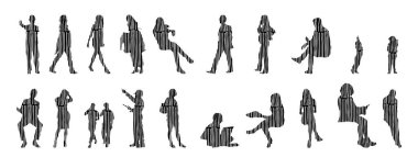 Vektör siluetleri, insanların ana hatları, Contour çizimleri, insanların siluetleri, ikon kümesi izole edilmiş, oturan insanların silueti, mimari set