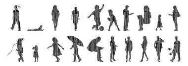 Vektör siluetleri, insanların ana hatları, Contour çizimleri, insanların siluetleri, ikon kümesi izole edilmiş, oturan insanların silueti, mimari set