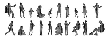 Vektör siluetleri, insanların ana hatları, Contour çizimleri, insanların siluetleri, ikon kümesi izole edilmiş, oturan insanların silueti, mimari set