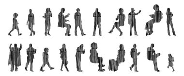 Vektör siluetleri, insanların ana hatları, Contour çizimleri, insanların siluetleri, ikon kümesi izole edilmiş, oturan insanların silueti, mimari set