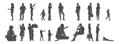 Vektör siluetleri, insanların ana hatları, Contour çizimleri, insanların siluetleri, ikon kümesi izole edilmiş, oturan insanların silueti, mimari set