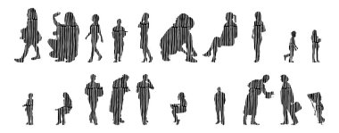 Vektör siluetleri, insanların ana hatları, Contour çizimleri, insanların siluetleri, ikon kümesi izole edilmiş, oturan insanların silueti, mimari set