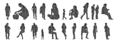 Vektör siluetleri, insanların ana hatları, Contour çizimleri, insanların siluetleri, ikon kümesi izole edilmiş, oturan insanların silueti, mimari set