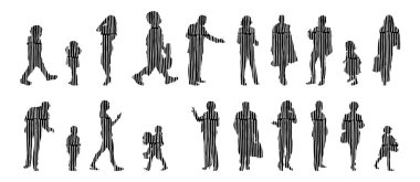 Vektör siluetleri, insanların ana hatları, Contour çizimleri, insanların siluetleri, ikon kümesi izole edilmiş, oturan insanların silueti, mimari set