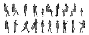 Vektör siluetleri, insanların ana hatları, Contour çizimleri, insanların siluetleri, ikon kümesi izole edilmiş, oturan insanların silueti, mimari set