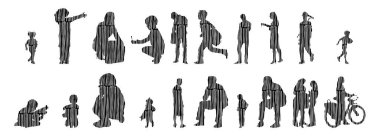 Vektör siluetleri, insanların ana hatları, Contour çizimleri, insanların siluetleri, ikon kümesi izole edilmiş, oturan insanların silueti, mimari set