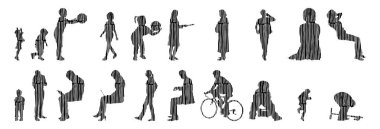 Vektör siluetleri, insanların ana hatları, Contour çizimleri, insanların siluetleri, ikon kümesi izole edilmiş, oturan insanların silueti, mimari set
