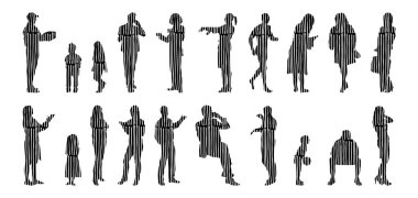 Vektör siluetleri, insanların ana hatları, Contour çizimleri, insanların siluetleri, ikon kümesi izole edilmiş, oturan insanların silueti, mimari set