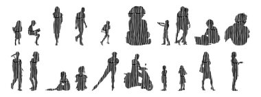 Vektör siluetleri, insanların ana hatları, Contour çizimleri, insanların siluetleri, ikon kümesi izole edilmiş, oturan insanların silueti, mimari set