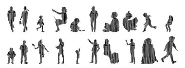 Vektör siluetleri, insanların ana hatları, Contour çizimleri, insanların siluetleri, ikon kümesi izole edilmiş, oturan insanların silueti, mimari set