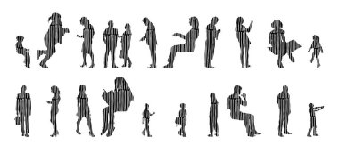 Vektör siluetleri, insanların ana hatları, Contour çizimleri, insanların siluetleri, ikon kümesi izole edilmiş, oturan insanların silueti, mimari set