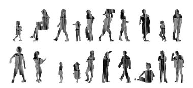 Vektör siluetleri, insanların ana hatları, Contour çizimleri, insanların siluetleri, ikon kümesi izole edilmiş, oturan insanların silueti, mimari set