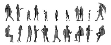 Vektör siluetleri, insanların ana hatları, Contour çizimleri, insanların siluetleri, ikon kümesi izole edilmiş, oturan insanların silueti, mimari set