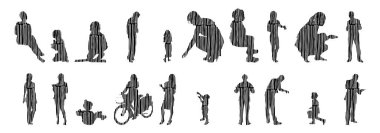 Vektör siluetleri, insanların ana hatları, Contour çizimleri, insanların siluetleri, ikon kümesi izole edilmiş, oturan insanların silueti, mimari set