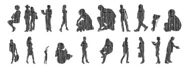 Vektör siluetleri, insanların ana hatları, Contour çizimleri, insanların siluetleri, ikon kümesi izole edilmiş, oturan insanların silueti, mimari set