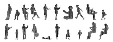 Vektör siluetleri, insanların ana hatları, Contour çizimleri, insanların siluetleri, ikon kümesi izole edilmiş, oturan insanların silueti, mimari set