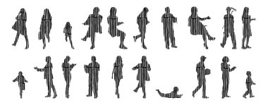 Vektör siluetleri, insanların ana hatları, Contour çizimleri, insanların siluetleri, ikon kümesi izole edilmiş, oturan insanların silueti, mimari set