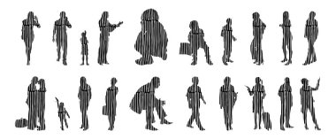 Vektör siluetleri, insanların ana hatları, Contour çizimleri, insanların siluetleri, ikon kümesi izole edilmiş, oturan insanların silueti, mimari set