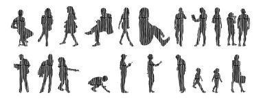 Vektör siluetleri, insanların ana hatları, Contour çizimleri, insanların siluetleri, ikon kümesi izole edilmiş, oturan insanların silueti, mimari set