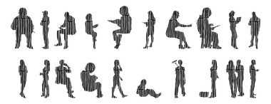 Vektör siluetleri, insanların ana hatları, Contour çizimleri, insanların siluetleri, ikon kümesi izole edilmiş, oturan insanların silueti, mimari set