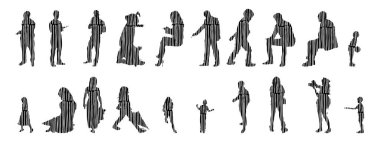 Vektör siluetleri, insanların ana hatları, Contour çizimleri, insanların siluetleri, ikon kümesi izole edilmiş, oturan insanların silueti, mimari set