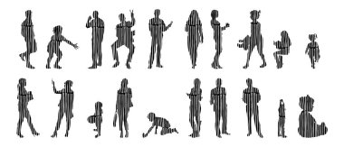 Vektör siluetleri, insanların ana hatları, Contour çizimleri, insanların siluetleri, ikon kümesi izole edilmiş, oturan insanların silueti, mimari set