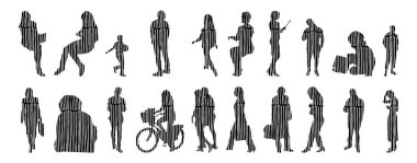Vektör siluetleri, insanların ana hatları, Contour çizimleri, insanların siluetleri, ikon kümesi izole edilmiş, oturan insanların silueti, mimari set