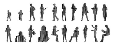 Vektör siluetleri, insanların ana hatları, Contour çizimleri, insanların siluetleri, ikon kümesi izole edilmiş, oturan insanların silueti, mimari set