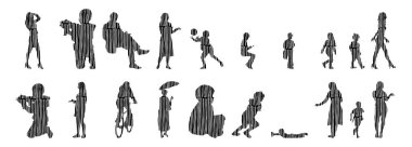 Vektör siluetleri, insanların ana hatları, Contour çizimleri, insanların siluetleri, ikon kümesi izole edilmiş, oturan insanların silueti, mimari set