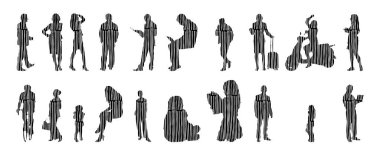 Vektör siluetleri, insanların ana hatları, Contour çizimleri, insanların siluetleri, ikon kümesi izole edilmiş, oturan insanların silueti, mimari set