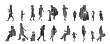 Vektör siluetleri, insanların ana hatları, Contour çizimleri, insanların siluetleri, ikon kümesi izole edilmiş, oturan insanların silueti, mimari set