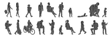 Vektör siluetleri, insanların ana hatları, Contour çizimleri, insanların siluetleri, ikon kümesi izole edilmiş, oturan insanların silueti, mimari set