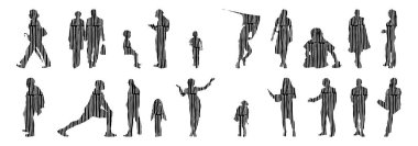 Vektör siluetleri, insanların ana hatları, Contour çizimleri, insanların siluetleri, ikon kümesi izole edilmiş, oturan insanların silueti, mimari set