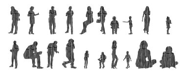 Vektör siluetleri, insanların ana hatları, Contour çizimleri, insanların siluetleri, ikon kümesi izole edilmiş, oturan insanların silueti, mimari set