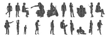 Vektör siluetleri, insanların ana hatları, Contour çizimleri, insanların siluetleri, ikon kümesi izole edilmiş, oturan insanların silueti, mimari set