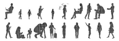 Vektör siluetleri, insanların ana hatları, Contour çizimleri, insanların siluetleri, ikon kümesi izole edilmiş, oturan insanların silueti, mimari set