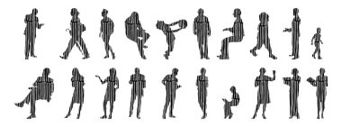 Vektör siluetleri, insanların ana hatları, Contour çizimleri, insanların siluetleri, ikon kümesi izole edilmiş, oturan insanların silueti, mimari set