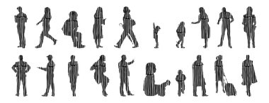 Vektör siluetleri, insanların ana hatları, Contour çizimleri, insanların siluetleri, ikon kümesi izole edilmiş, oturan insanların silueti, mimari set