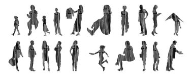 Vektör siluetleri, insanların ana hatları, Contour çizimleri, insanların siluetleri, ikon kümesi izole edilmiş, oturan insanların silueti, mimari set