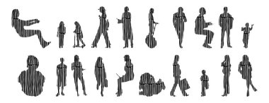 Vektör siluetleri, insanların ana hatları, Contour çizimleri, insanların siluetleri, ikon kümesi izole edilmiş, oturan insanların silueti, mimari set