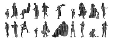 Vektör siluetleri, insanların ana hatları, Contour çizimleri, insanların siluetleri, ikon kümesi izole edilmiş, oturan insanların silueti, mimari set