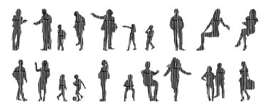 Vektör siluetleri, insanların ana hatları, Contour çizimleri, insanların siluetleri, ikon kümesi izole edilmiş, oturan insanların silueti, mimari set