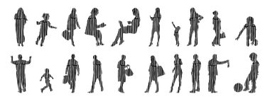 Vektör siluetleri, insanların ana hatları, Contour çizimleri, insanların siluetleri, ikon kümesi izole edilmiş, oturan insanların silueti, mimari set