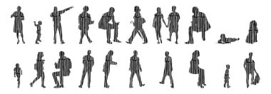 Vektör siluetleri, insanların ana hatları, Contour çizimleri, insanların siluetleri, ikon kümesi izole edilmiş, oturan insanların silueti, mimari set