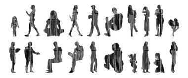 Vektör siluetleri, insanların ana hatları, Contour çizimleri, insanların siluetleri, ikon kümesi izole edilmiş, oturan insanların silueti, mimari set