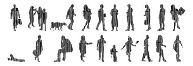 Vektör siluetleri, insanların ana hatları, Contour çizimleri, insanların siluetleri, ikon kümesi izole edilmiş, oturan insanların silueti, mimari set