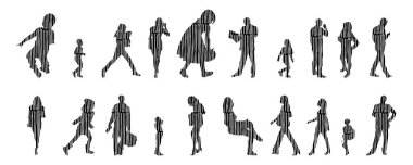 Vektör siluetleri, insanların ana hatları, Contour çizimleri, insanların siluetleri, ikon kümesi izole edilmiş, oturan insanların silueti, mimari set